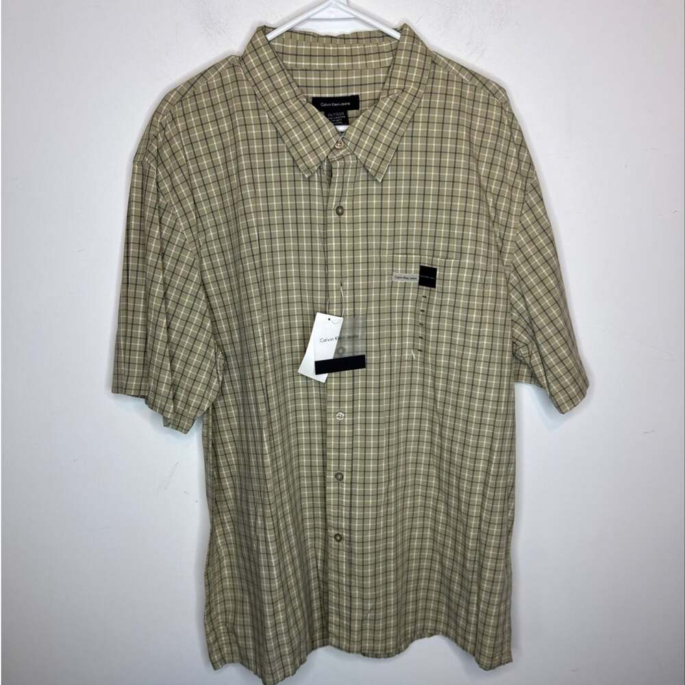 NWT Calvin Klein Mens Short Sleeve Button Down Shirt Khaki Tan Plaid Size 2XL
